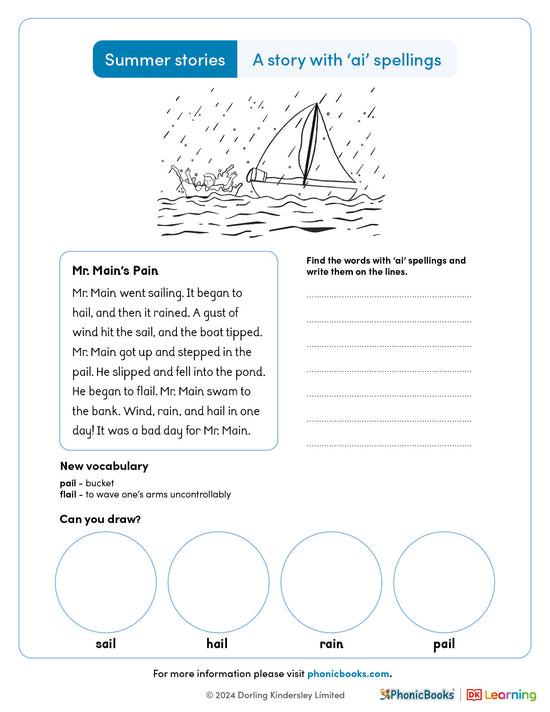 Summer Stories 'ai spellings' Worksheet (B&W) - image