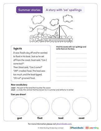 Summer Stories 'oa spellings' Worksheet (B&W) - image