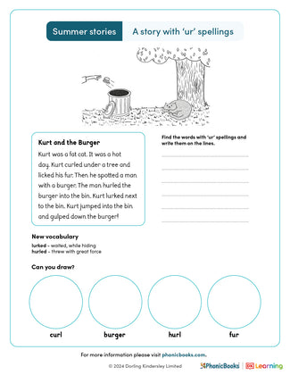 Summer Stories 'ur spellings' Worksheet (B&W) - image