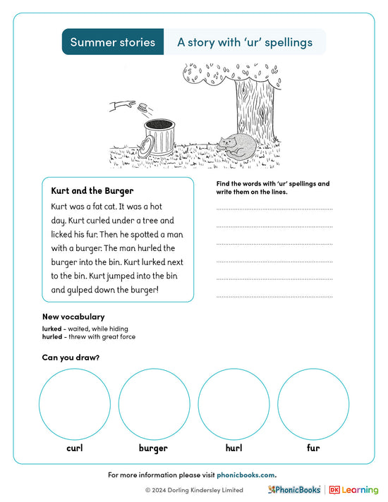 Summer Stories 'ur spellings' Worksheet (B&W) - image