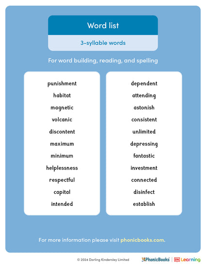 Decoding Three Syllable Words Word list: Three-syllable words – Phonic Books US
